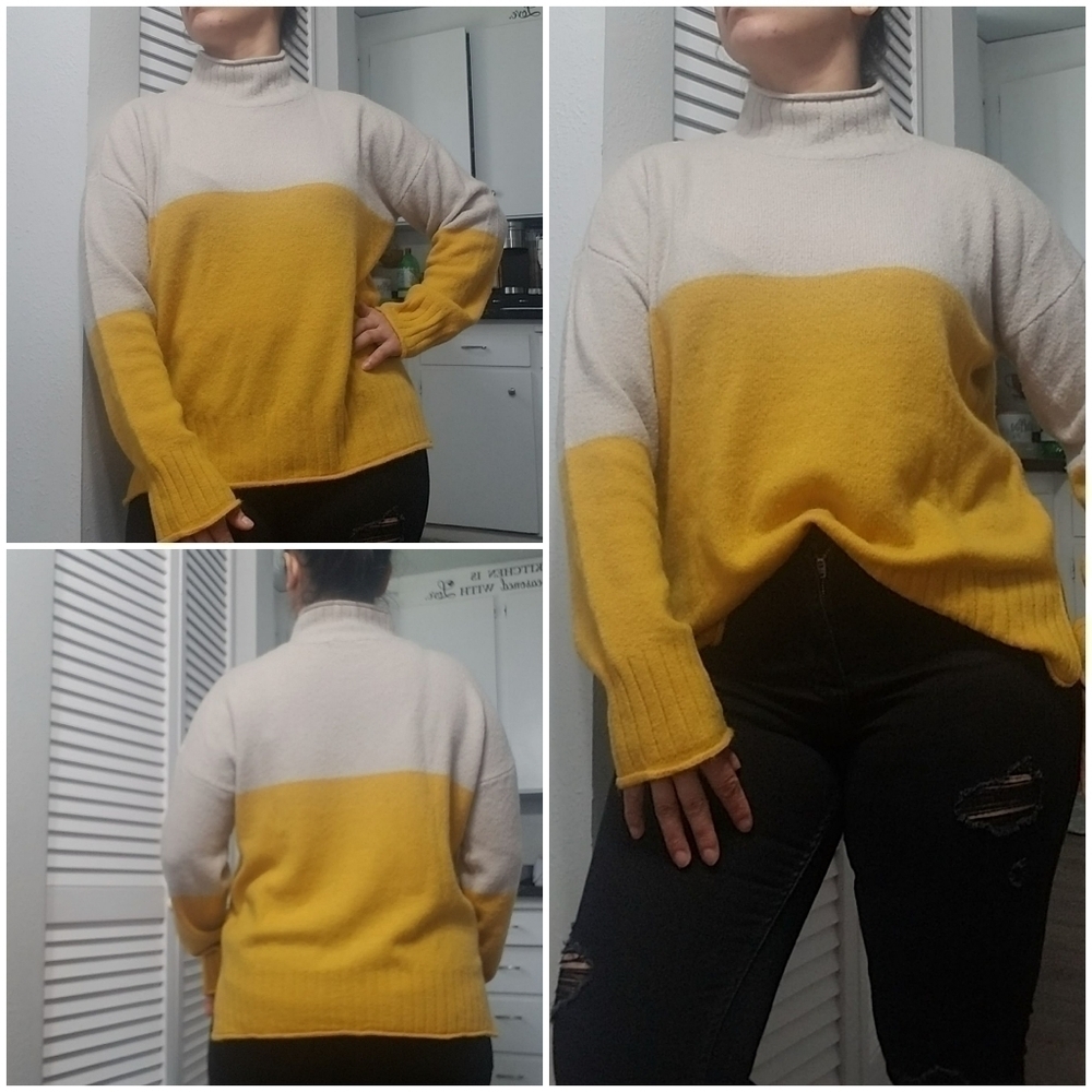 RD Style sweater, two tone block gold/tan , Size M.